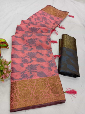 Saaransh Woven, Self Design Kanjivaram Pure Cotton, Art Silk Saree(Pink)
