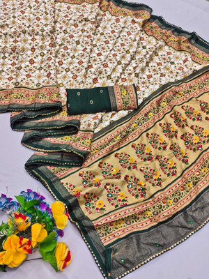 TALADRA Floral Print, Printed, Woven, Embellished Bollywood Semi-Pashmina Saree(White)