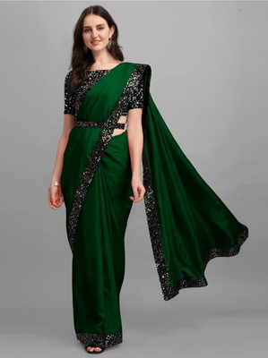 Shreenathji Enterprise Solid/Plain, Embroidered, Embellished Bollywood Silk Blend Saree(Green)