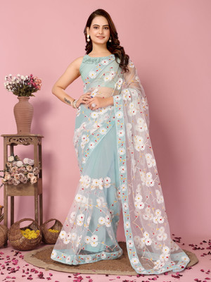 bal krishna Floral Print Leheria Net Saree(Light Blue)