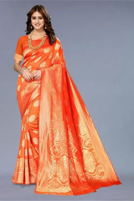 Moda Repido Woven Kanjivaram Silk Blend Saree(Orange)
