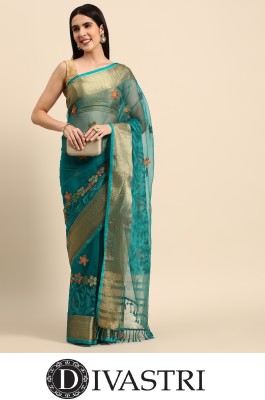 Divastri Embellished, Embroidered, Floral Print Banarasi Organza Saree(Light Blue)