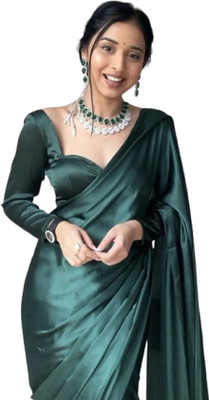 Sataz Solid/Plain Pre Draped Saree Satin Saree(Green)
