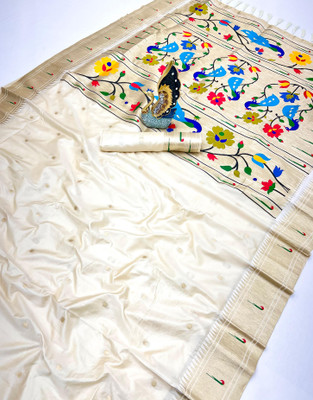 PANZORA Woven Paithani Cotton Silk Saree(White)