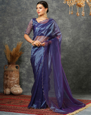 SIRIL Embroidered, Solid/Plain Bollywood Net Saree(Dark Blue)