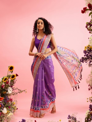 Divastri Printed Kalamkari Cotton Blend Saree(Purple)