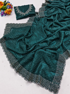 LADDU SAREES Embellished, Solid/Plain Bollywood Silk Blend Saree(Dark Blue, Black)