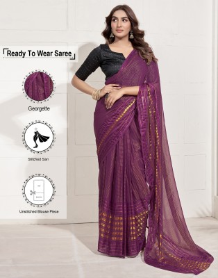 Samah Dyed, Woven, Embellished, Striped Bollywood Georgette Saree(Purple, Gold)