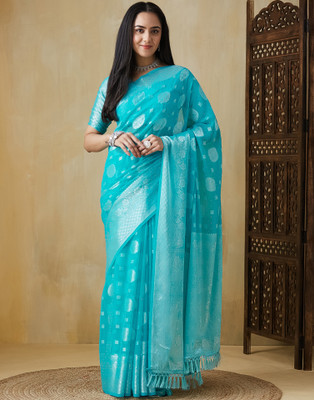 Samah Woven, Embellished Banarasi Georgette Saree(Blue)