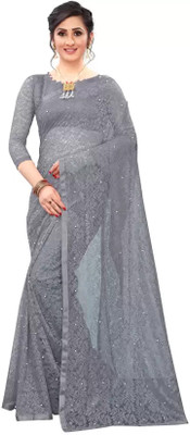 Nilkanthvarni Creation Self Design Bollywood Net Saree(Grey)