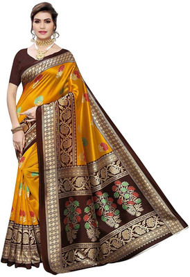Grubstaker Printed Bollywood Art Silk Saree(Yellow)