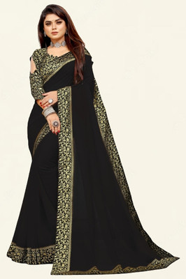 Jevlan Solid/Plain Bollywood Georgette Saree(Black)