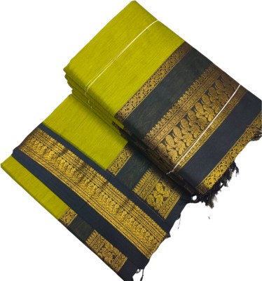 SBSS Self Design Gadwal Cotton Blend Saree(Light Green, Black)