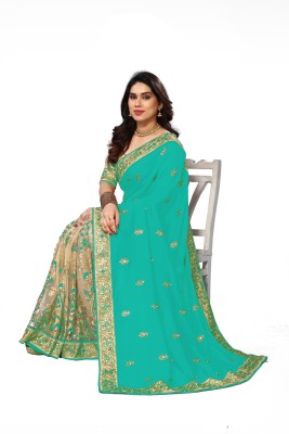 Divastri Embroidered Bollywood Art Silk, Net Saree(Light Blue, Beige)