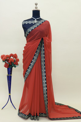 The Textile Hub Solid/Plain Bollywood Georgette Saree(Red)