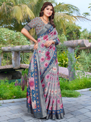 Tasrika Digital Print Chinnalapattu Cotton Linen Saree(Grey)