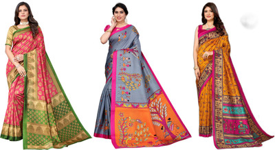 ANIRAV Woven Bollywood Art Silk Saree(Pack of 3, Pink, Grey, Yellow)