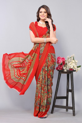 ANIRAV Floral Print Bollywood Georgette Saree(Red)