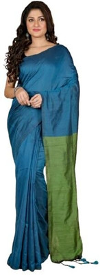 zayraa Solid/Plain Daily Wear Cotton Blend Saree(Blue)