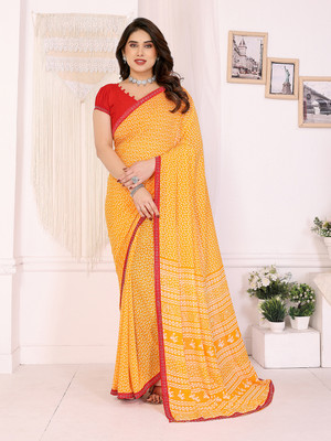 Anand Sarees Embellished Saree with Attached Blouse Georgette, Lace Saree(Yellow, Red)