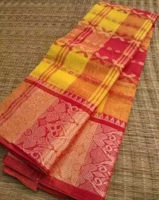 Sandhyatara Woven Tant Pure Cotton Saree(Yellow, Red)