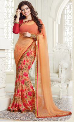 Hensi sarees shop Printed, Solid/Plain Kovai Georgette, Art Silk Saree(Orange)