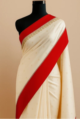 AJMERA FAISHON Solid/Plain, Woven Kanjivaram Art Silk Saree(Cream, Red)