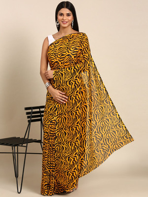HERE&NOW Printed Leheria Georgette Saree(Yellow)