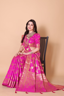 Wovenza Self Design, Woven Bollywood Silk Blend Saree(Pink)