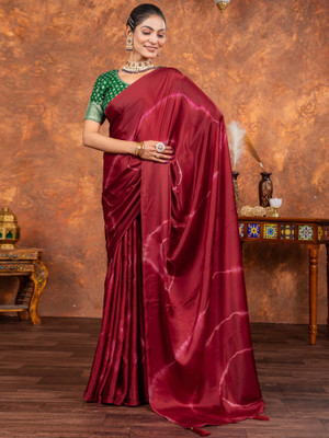 Tasrika Printed Hand Batik Satin Saree(Magenta)