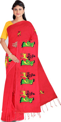 DipDiya Embroidered Handloom Cotton Blend Saree(Red)