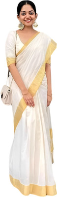 Mugdarra Woven Kasavu Cotton Blend Saree(White)