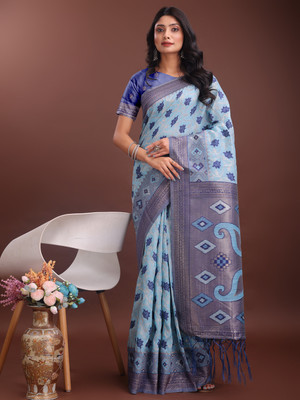 ASTITA Self Design Saree with Attached Blouse Cotton Linen Saree(Light Blue)