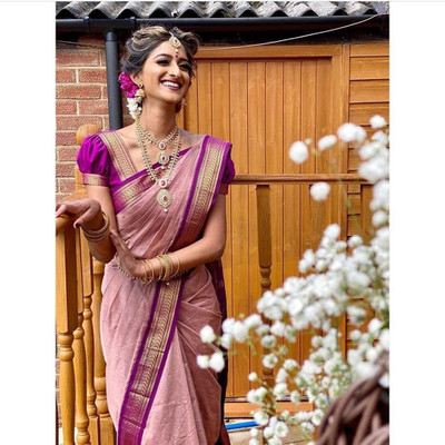 The Style Sanctuary Solid/Plain, Striped, Woven Bollywood Cotton Silk Saree(Yellow)