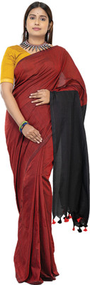 BongTrendz Solid/Plain Handloom Pure Cotton Saree(Maroon, Black)