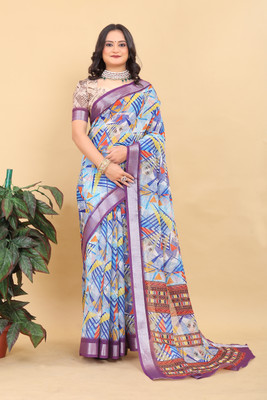 Hdiya Printed Bollywood Cotton Silk Saree(Light Blue)