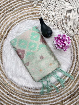 Clothestic Woven, Checkered Kanjivaram Jacquard, Cotton Linen Saree(Light Green)