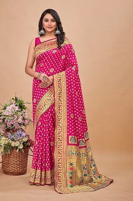pythan Woven, Self Design Paithani Silk Blend Saree(Pink)