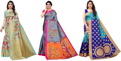 YASHIKA Printed Bhagalpuri Art Silk Saree(Pack of 3, Light Green, Grey, Blue)