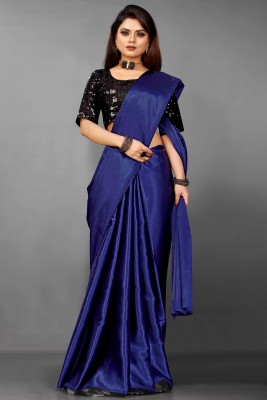 Glamour Hub Solid/Plain, Dyed, Self Design Bollywood Satin Saree(Blue)