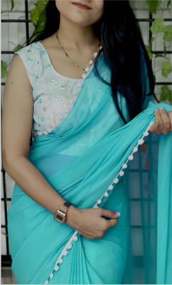 Avishafab Solid/Plain Bollywood Georgette Saree(Light Blue)
