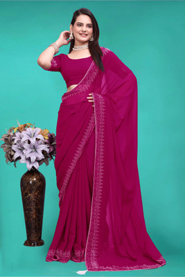 SHELDROM MART Solid/Plain Bollywood Georgette Saree(Dark Green)