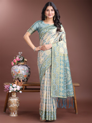 Tasrika Woven Banarasi Cotton Linen Saree(White, Blue)