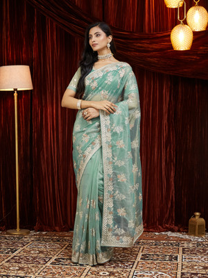 KASEE Embroidered Bollywood Net Saree(Green)