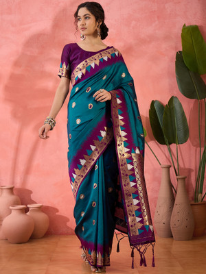 manvaa Printed Banarasi Silk Blend Saree(Multicolor)