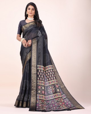 Sanjana Silks Floral Print Kalamkari Cotton Blend Saree(Black)