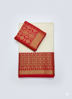 Arzoo kala texriles Self Design Banarasi Cotton Silk Saree(Pack of 2, White, Red)