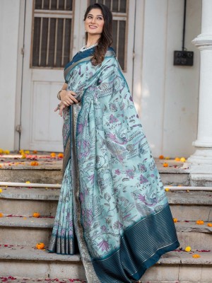 ANOUK Printed Chinnalapattu Viscose Rayon Saree(Light Blue)