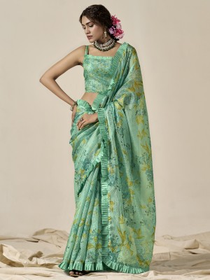 Sareemall Printed Bollywood Cotton Blend Saree(Light Green)