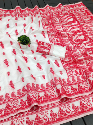 SHREEKHODIYARST Woven Jamdani Cotton Blend Saree(White, Red)
